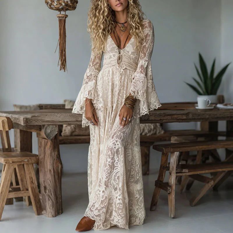 Deep V-Neck Flare Sleeve Wedding Guest Maxi Dress for Women