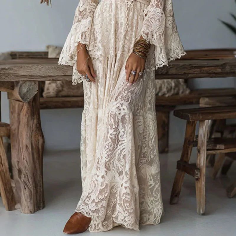 Deep V-Neck Flare Sleeve Wedding Guest Maxi Dress for Women - View 2