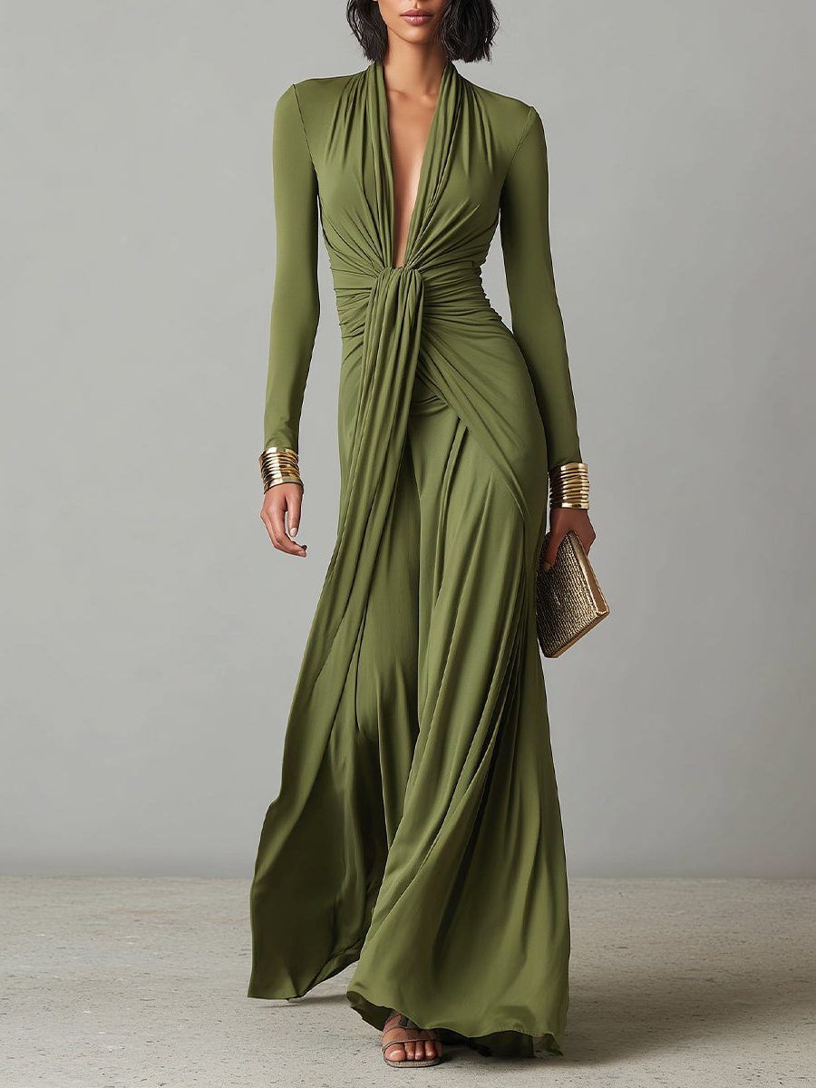 Deep V-Neck Ruched Maxi Dress for Women