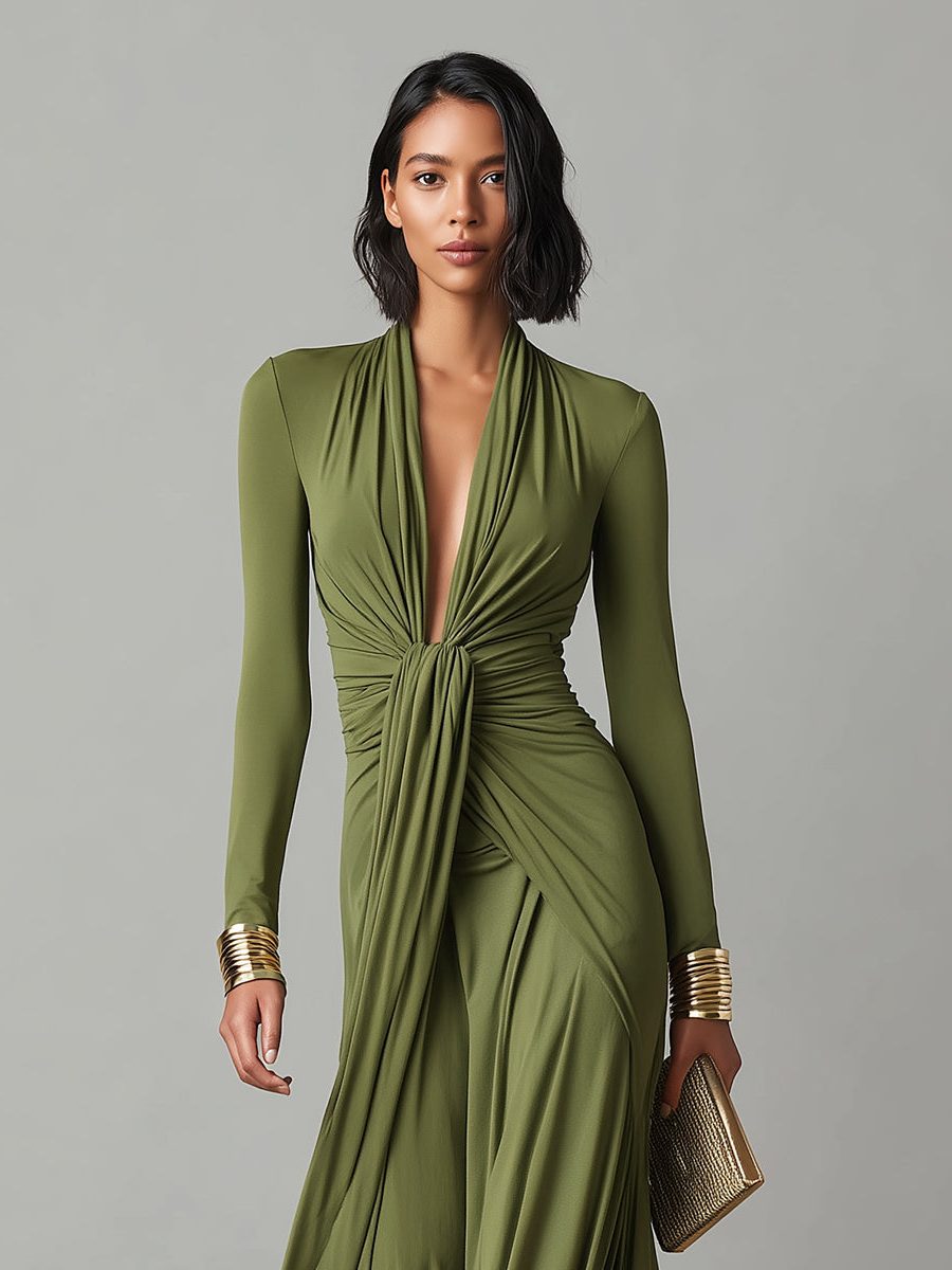 Deep V-Neck Ruched Maxi Dress for Women - View 2
