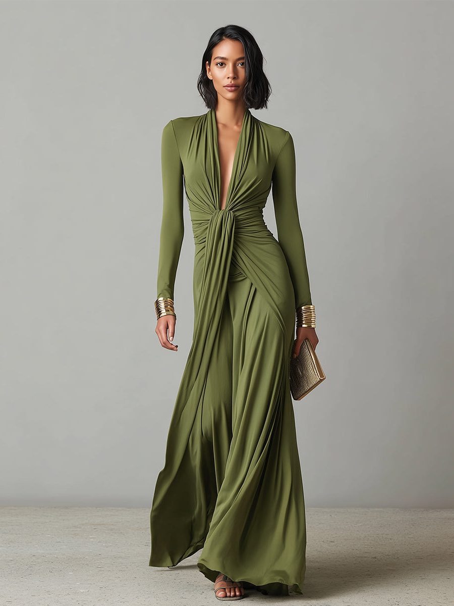 Deep V-Neck Ruched Maxi Dress for Women - View 4