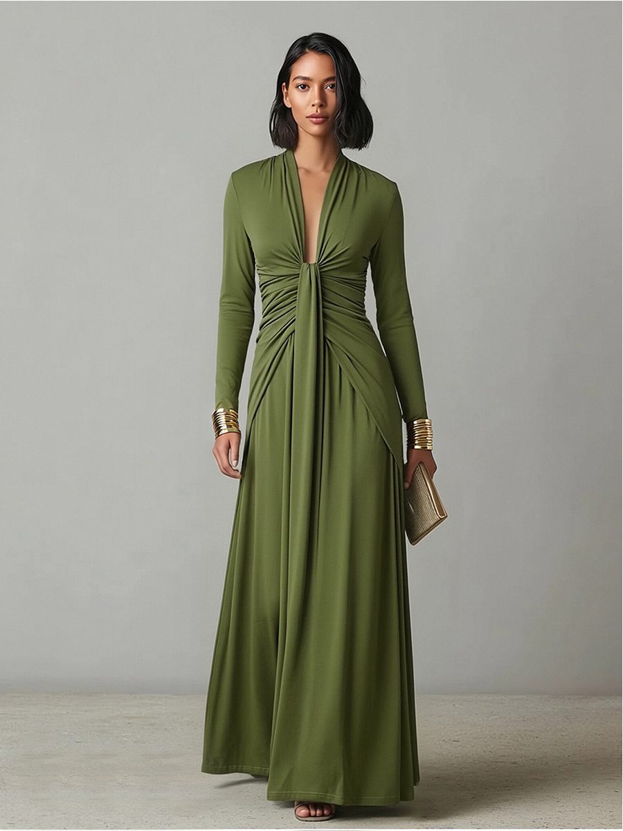 Deep V-Neck Ruched Maxi Dress for Women - View 5