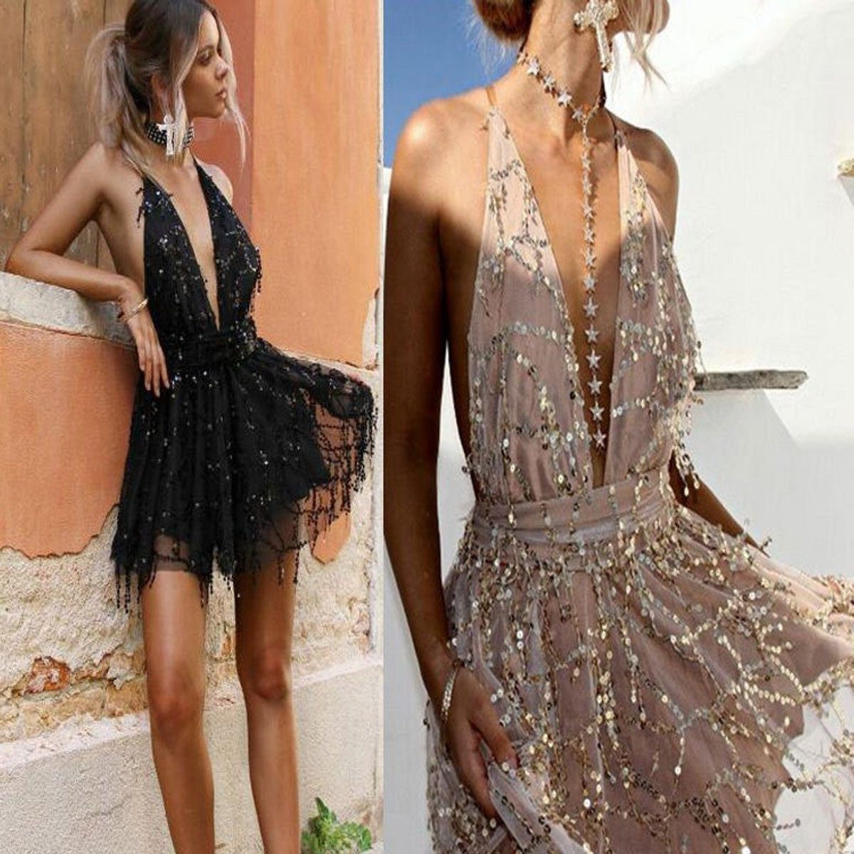 Deep V-Neck Sequin Halter Cocktail Dress for Women - View 3