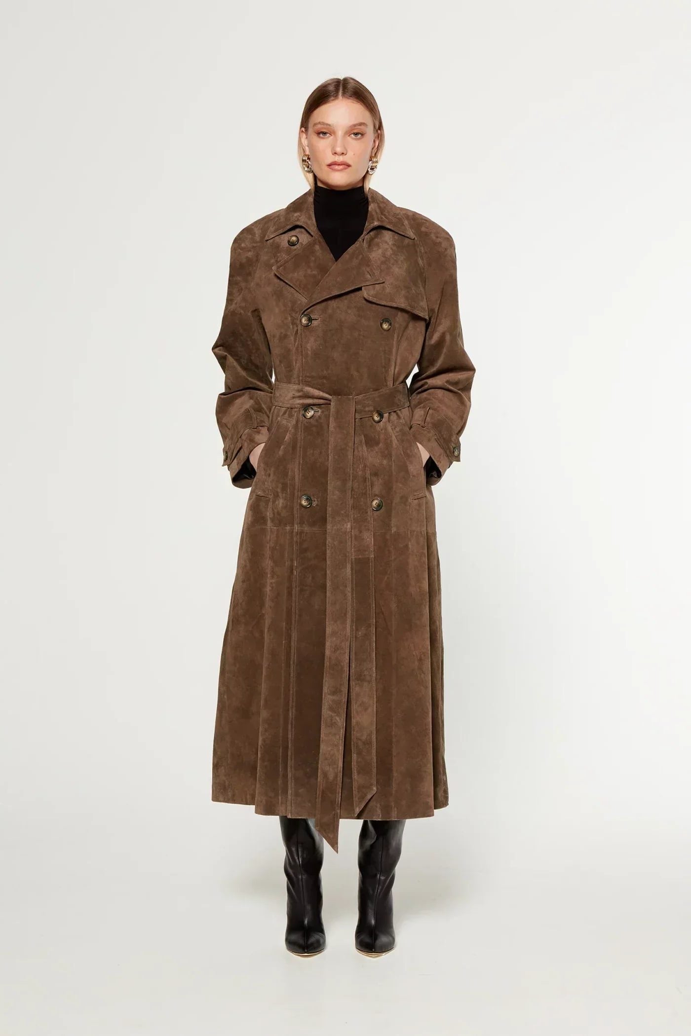 Double-Breasted Belted Suede Trench Coat for Women