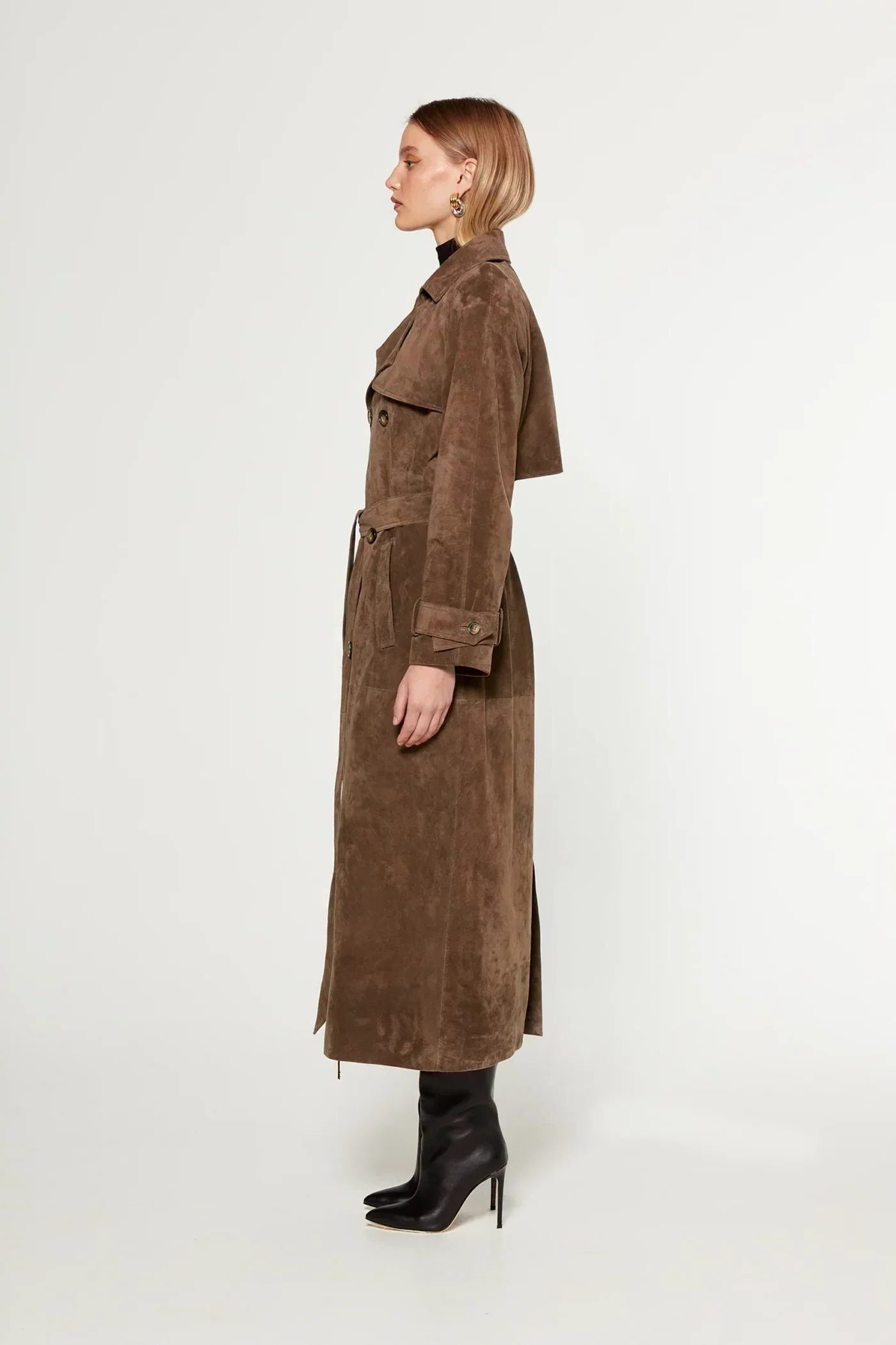 Double-Breasted Belted Suede Trench Coat for Women - View 2