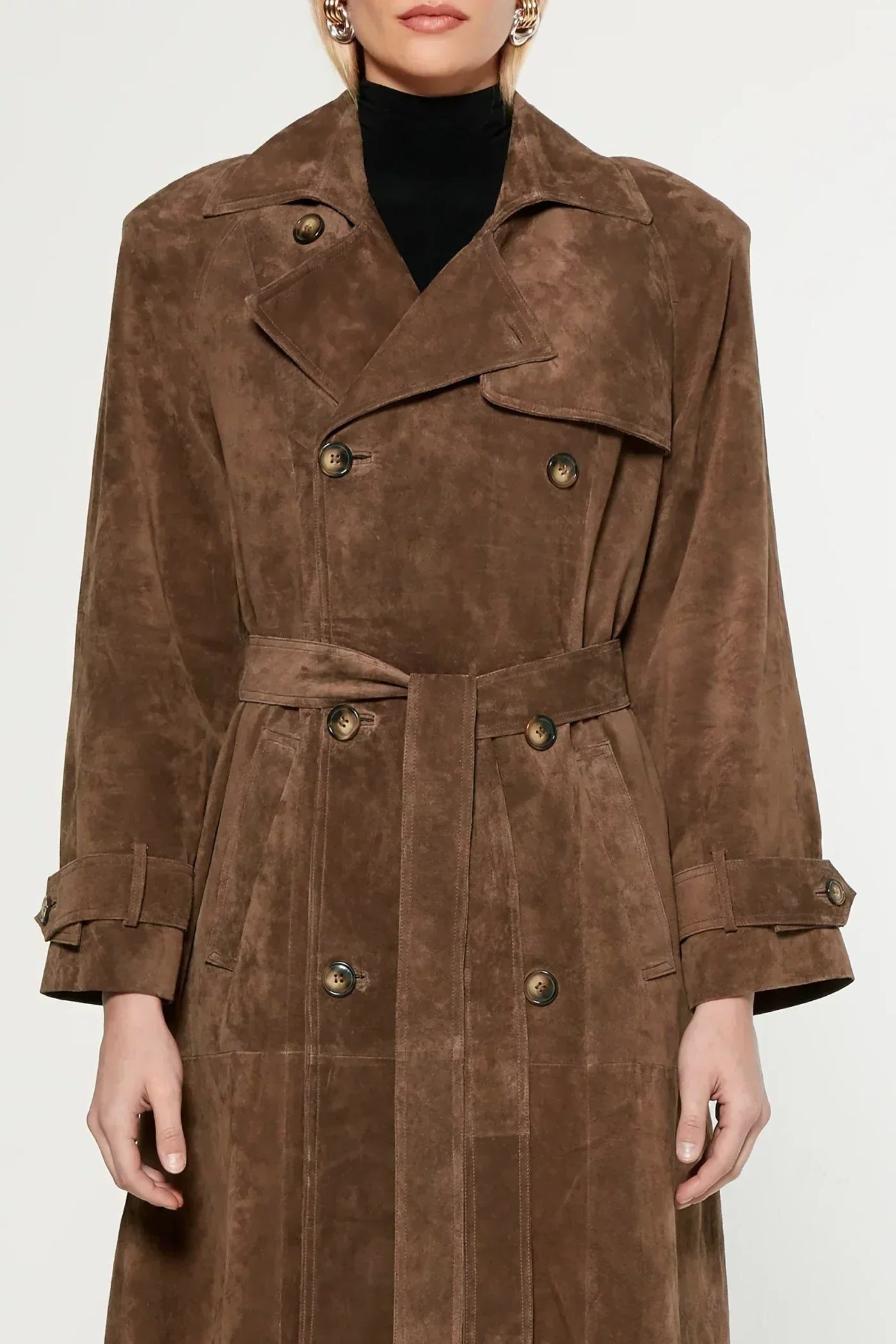 Double-Breasted Belted Suede Trench Coat for Women - View 4