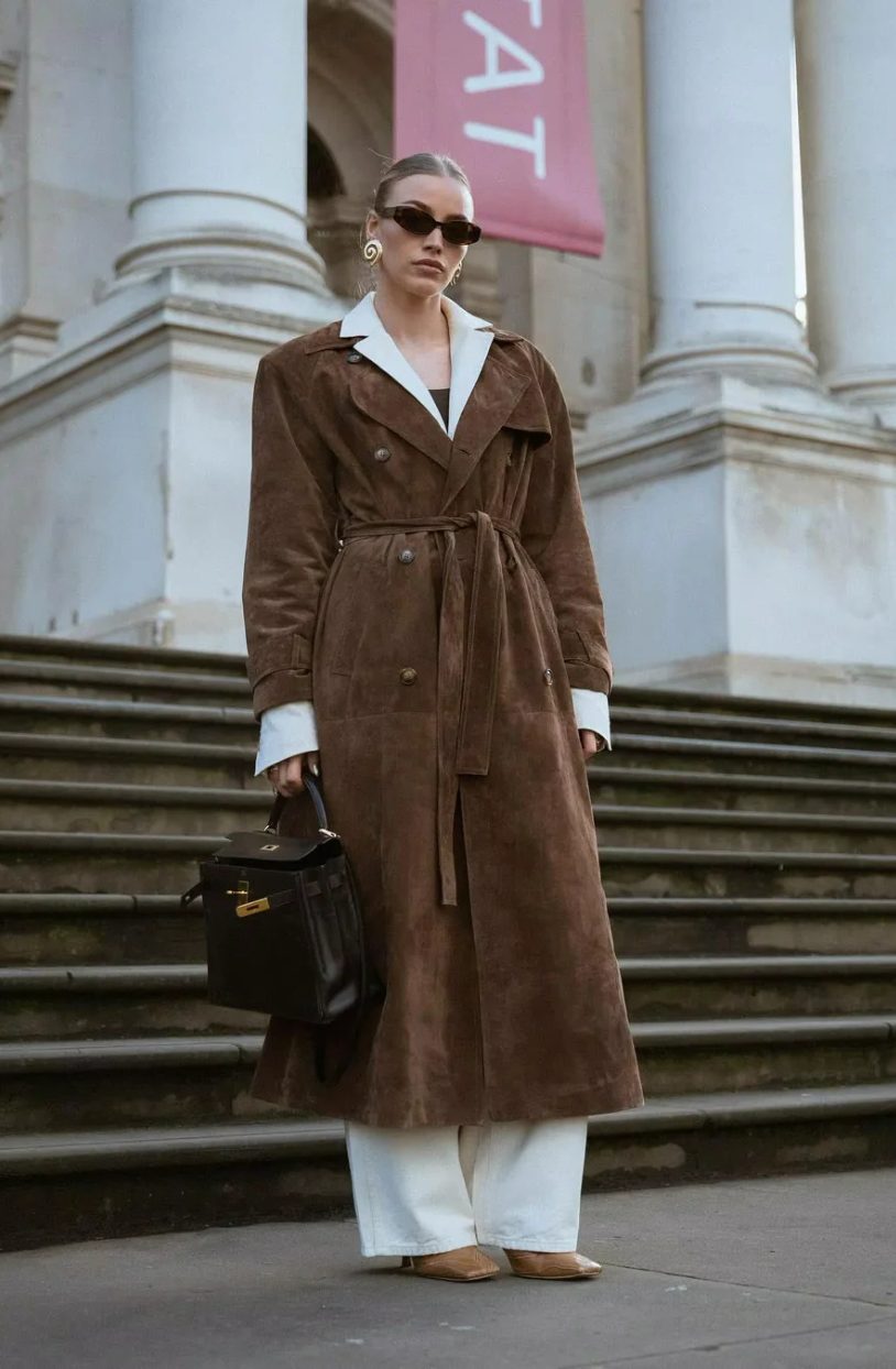 Double-Breasted Belted Suede Trench Coat for Women - View 6