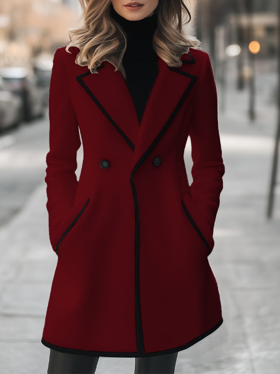 Double-Breasted Coat with Contrasting Trim for Women