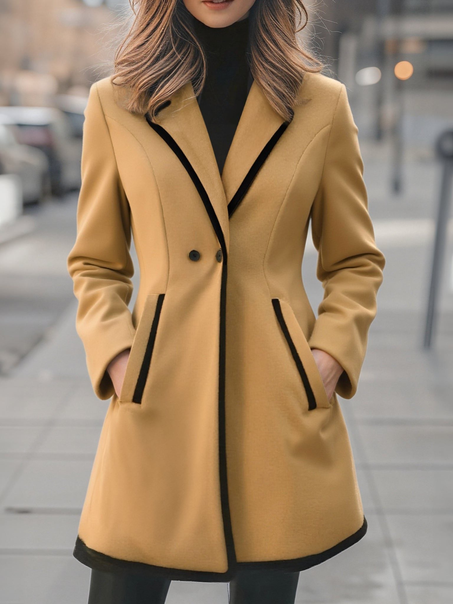 Double-Breasted Coat with Contrasting Trim for Women - Camel