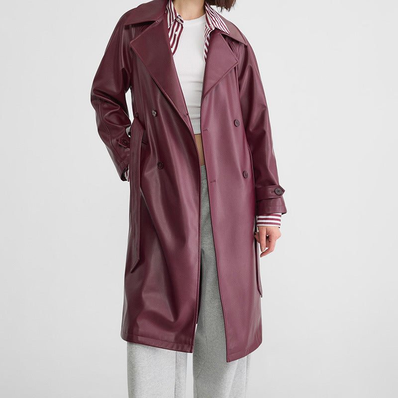 Double-Breasted Leather Trench Coat for Women - Red