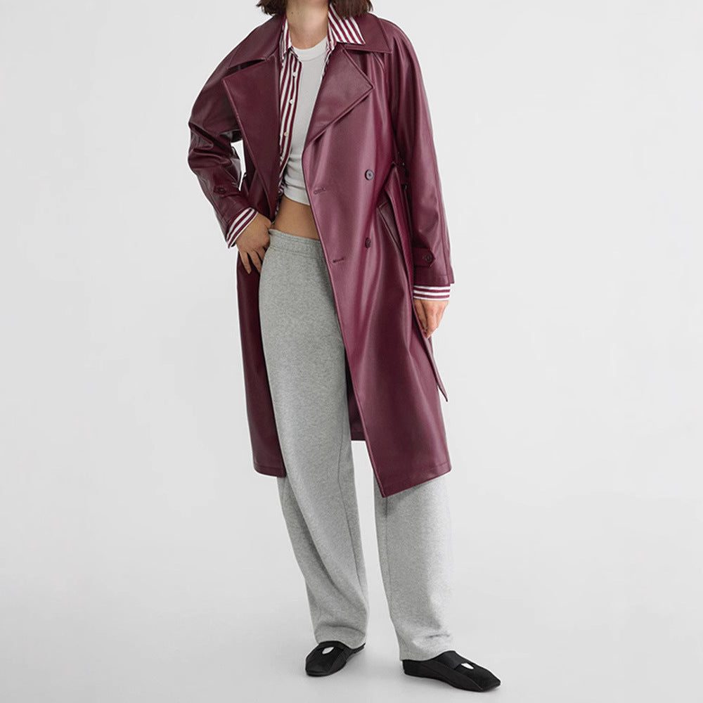 Double-Breasted Leather Trench Coat for Women - View 3