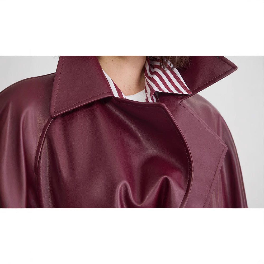 Double-Breasted Leather Trench Coat for Women - View 4