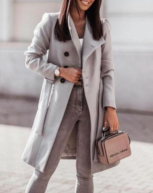Double-Breasted Longline Coat for Women - Grey