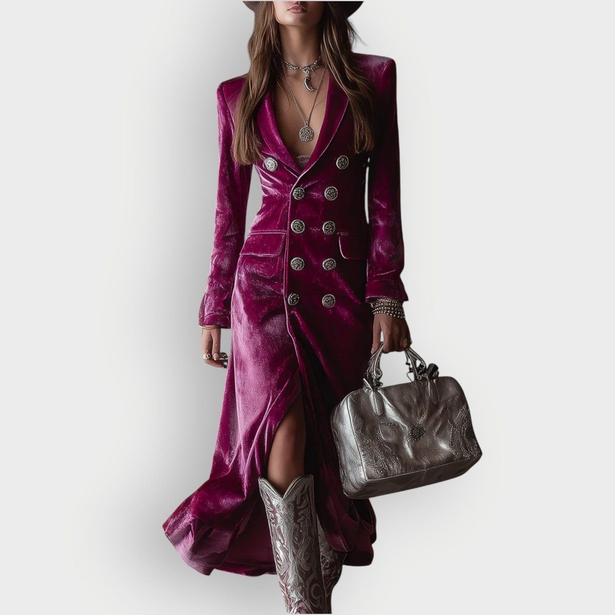 Double-Breasted Maxi Velvet Formal Blazer Dress for Women