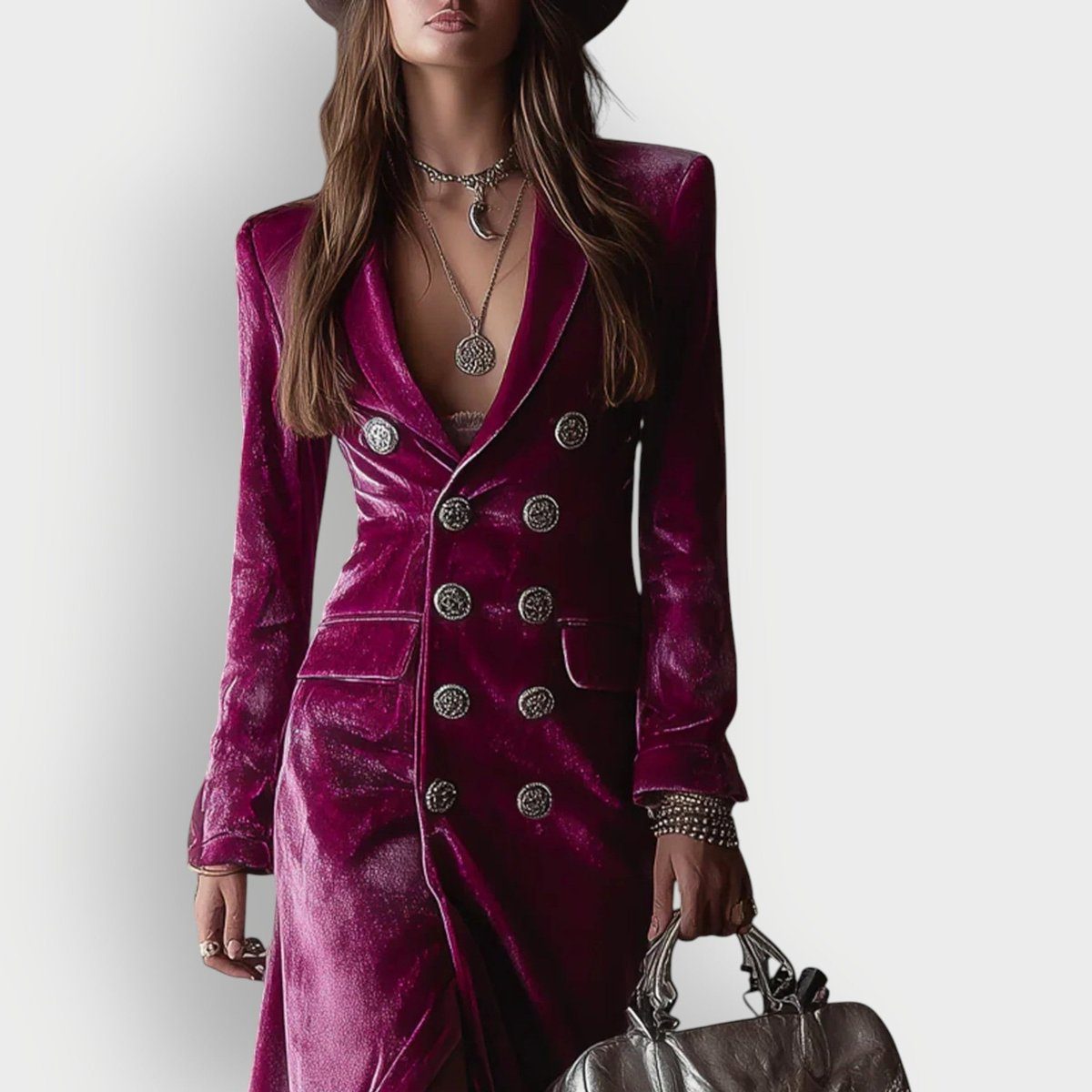 Double-Breasted Maxi Velvet Formal Blazer Dress for Women - View 2