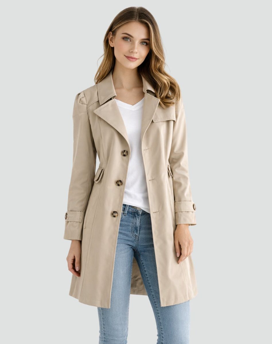 Double-Breasted Mid-Length Trench Coat for Women - Khaki