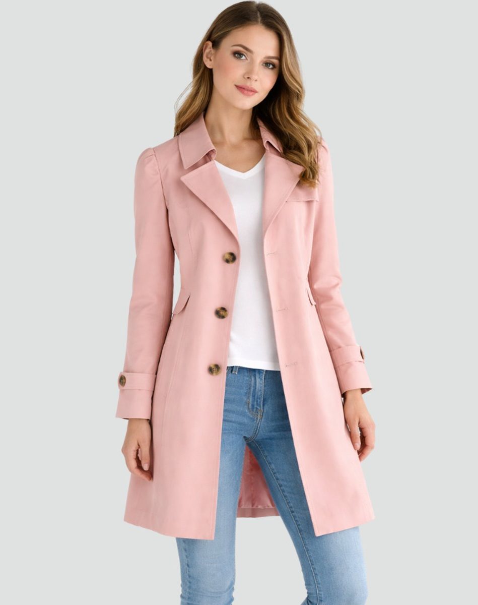 Double-Breasted Mid-Length Trench Coat for Women - Pink
