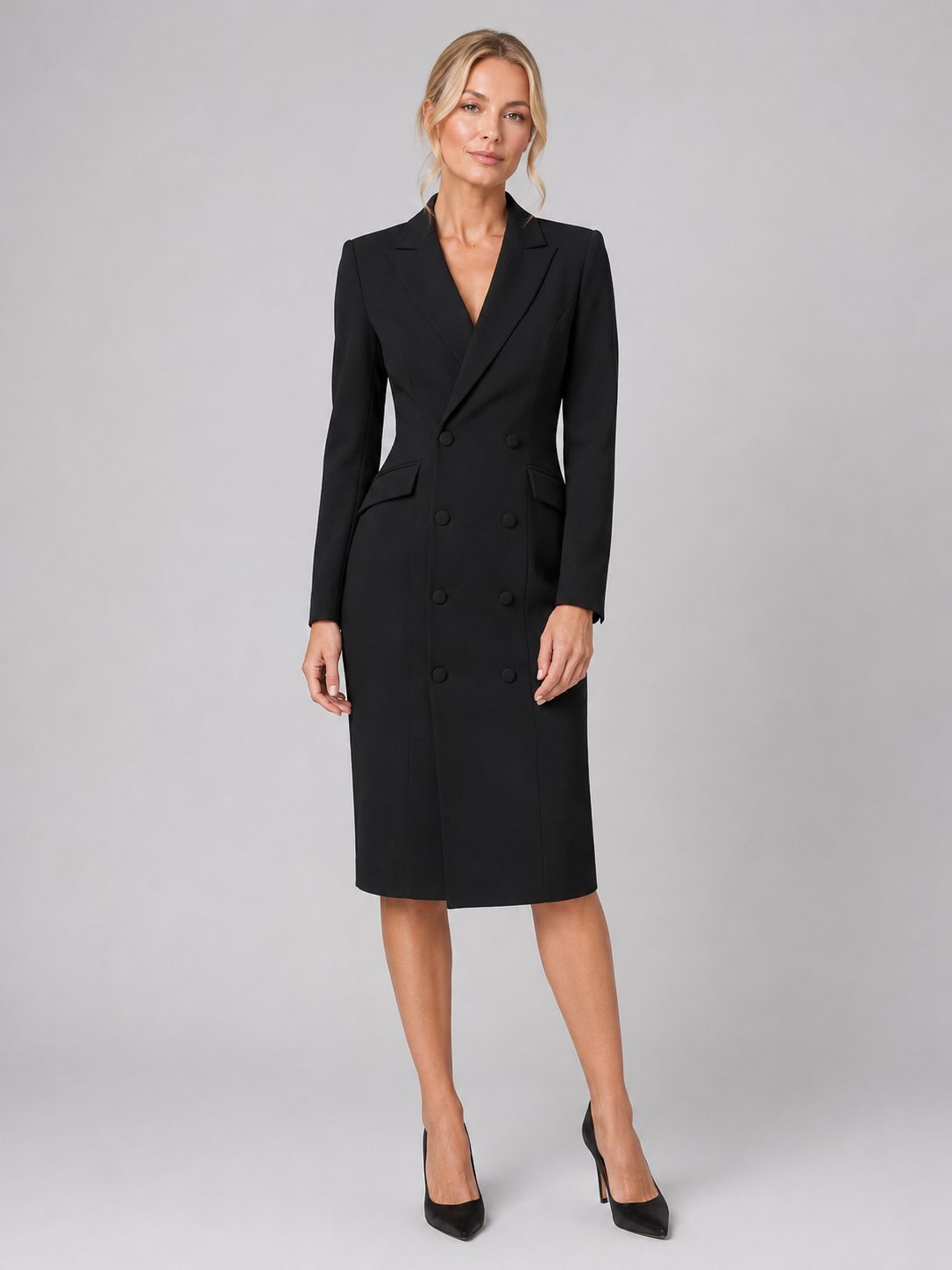 Double-Breasted Midi Blazer Dress for Women - Black