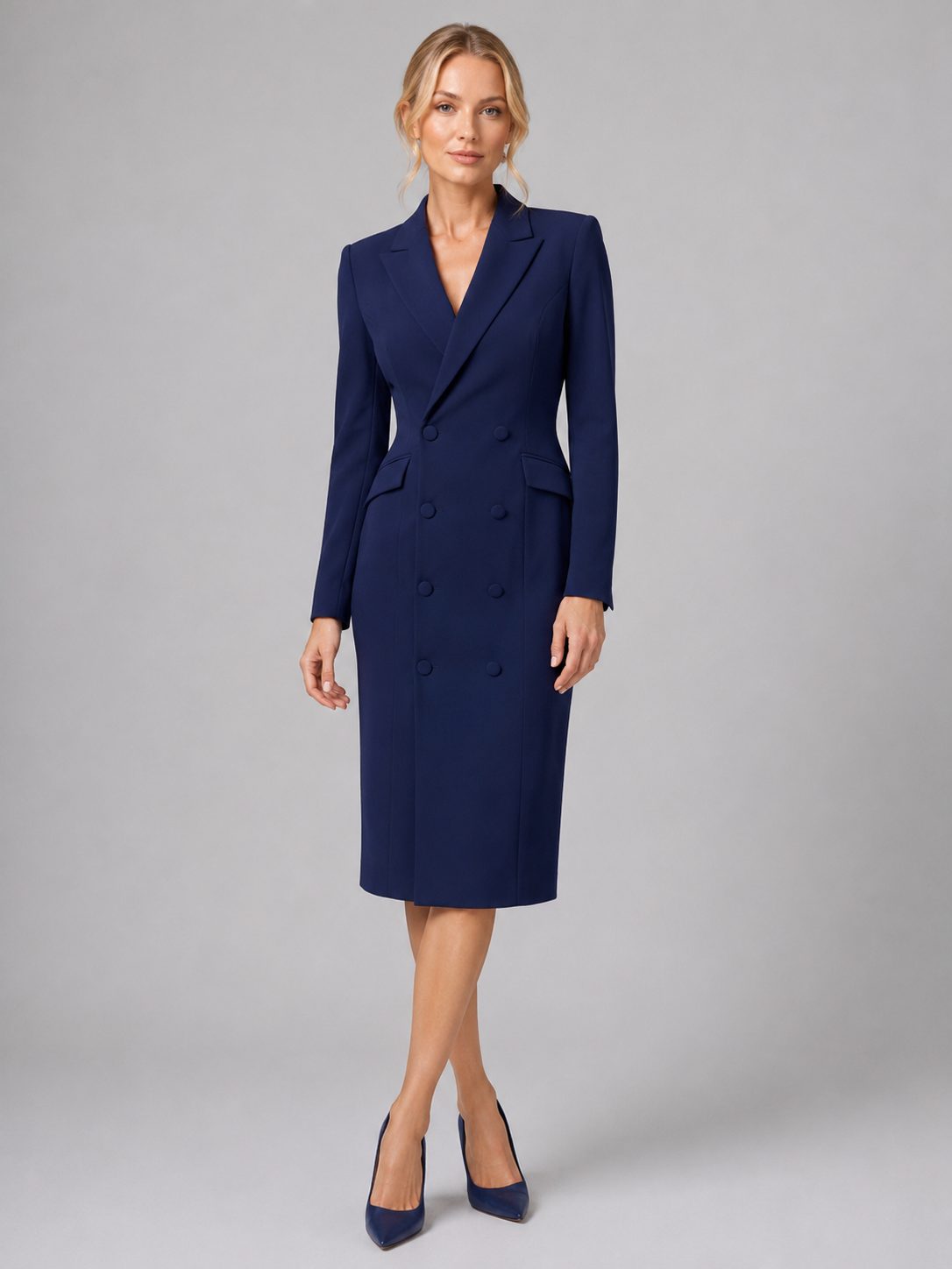 Double-Breasted Midi Blazer Dress for Women - Navy
