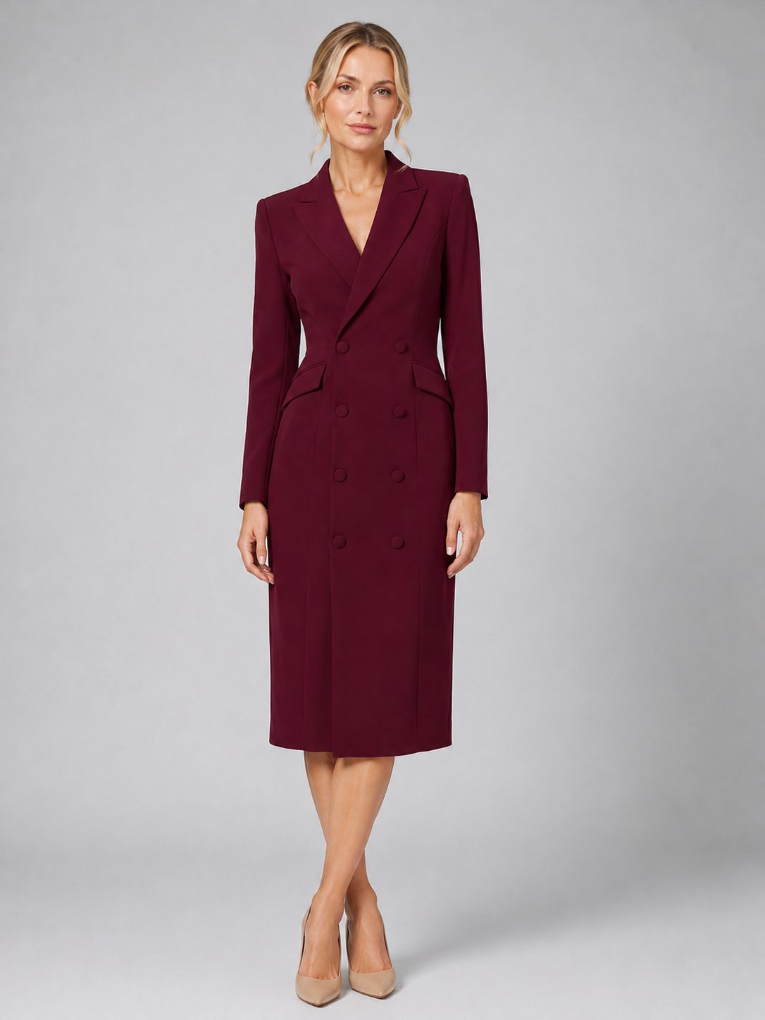 Double-Breasted Midi Blazer Dress for Women - Burgundy