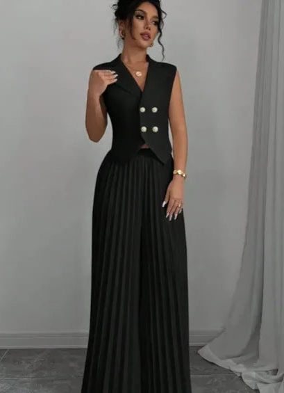 Double-Breasted Sleeveless Blazer with Pleated Wide Leg Trousers Set for Women - Black