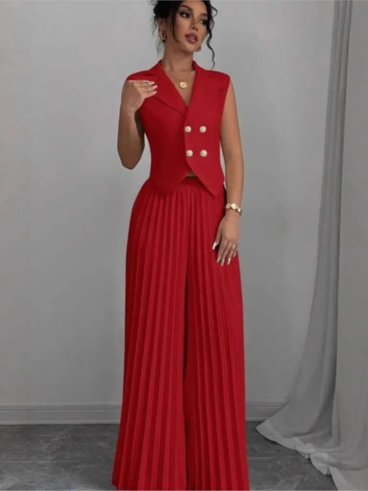 Double-Breasted Sleeveless Blazer with Pleated Wide Leg Trousers Set for Women - View 3