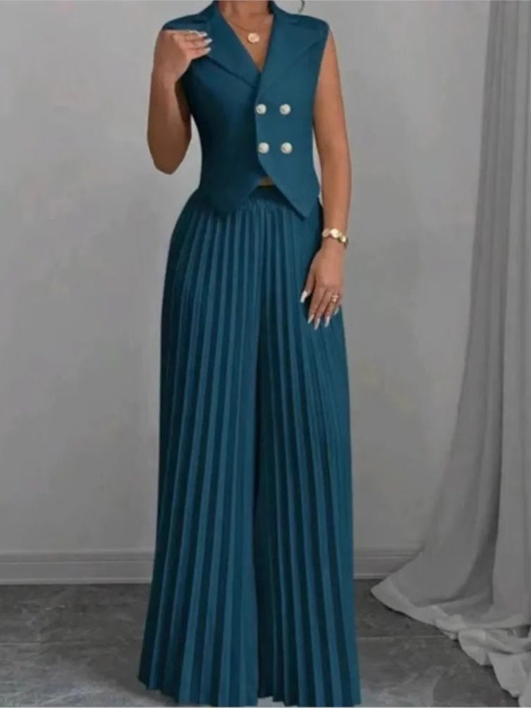 Double-Breasted Sleeveless Blazer with Pleated Wide Leg Trousers Set for Women - View 4
