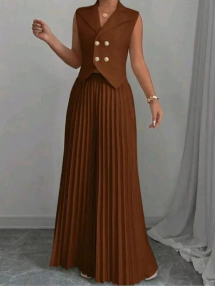 Double-Breasted Sleeveless Blazer with Pleated Wide Leg Trousers Set for Women - View 5