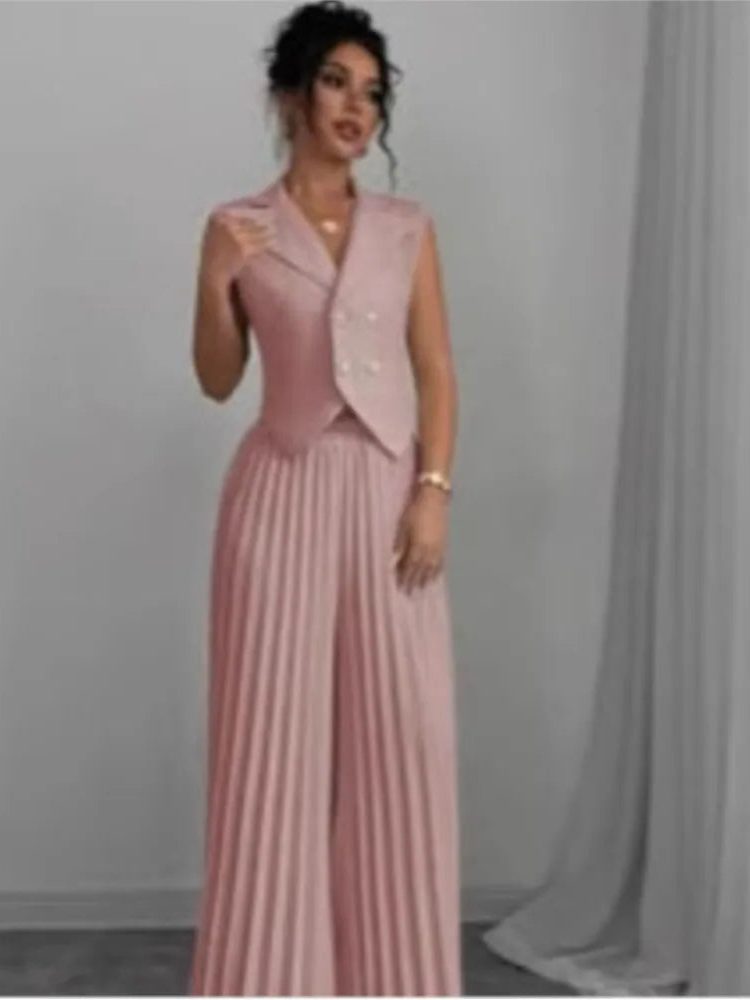 Double-Breasted Sleeveless Blazer with Pleated Wide Leg Trousers Set for Women - View 6