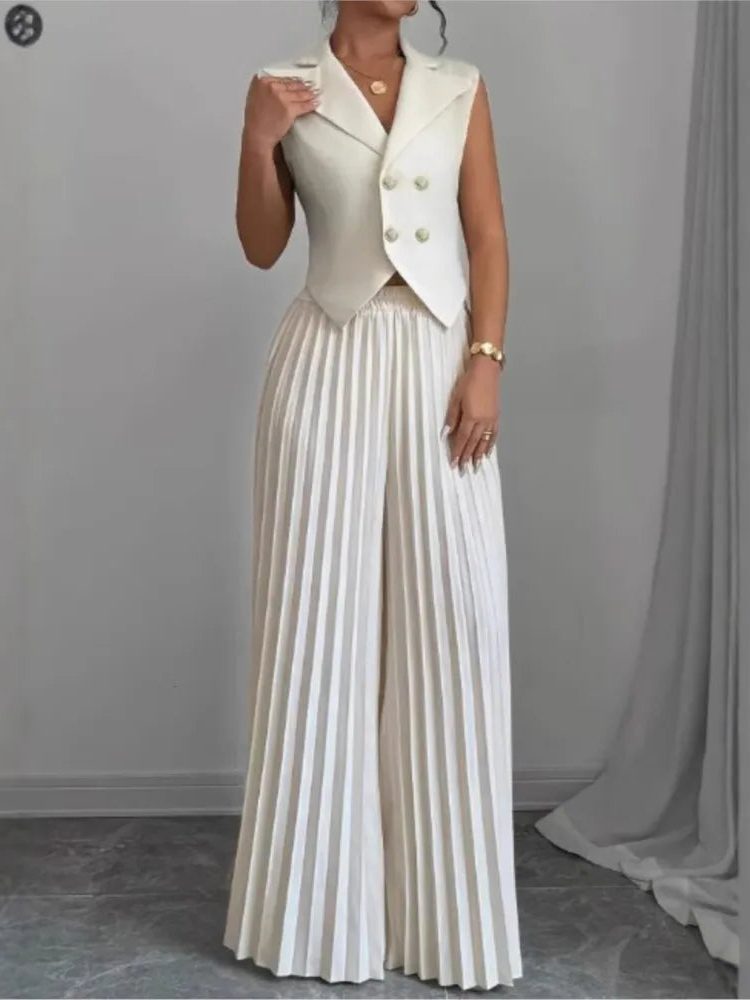 Double-Breasted Sleeveless Blazer with Pleated Wide Leg Trousers Set for Women