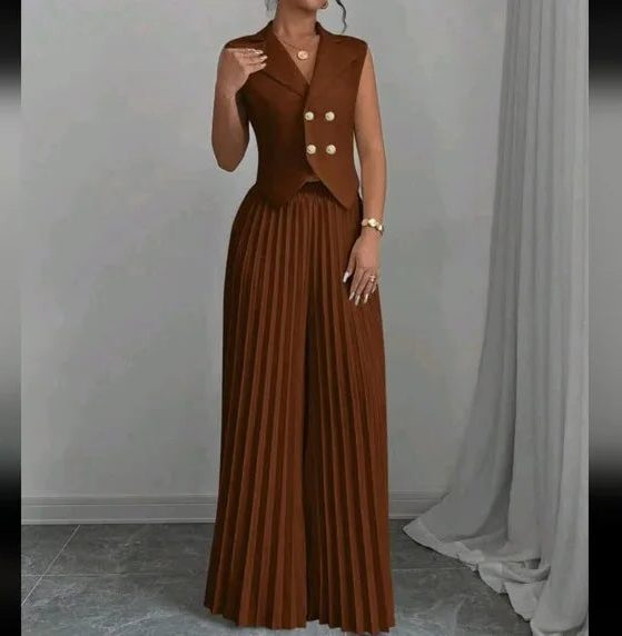 Double-Breasted Sleeveless Blazer with Pleated Wide Leg Trousers Set for Women - Brown