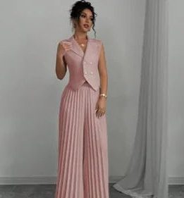 Double-Breasted Sleeveless Blazer with Pleated Wide Leg Trousers Set for Women - Pink