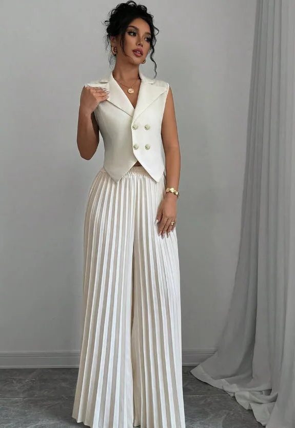 Double-Breasted Sleeveless Blazer with Pleated Wide Leg Trousers Set for Women - White