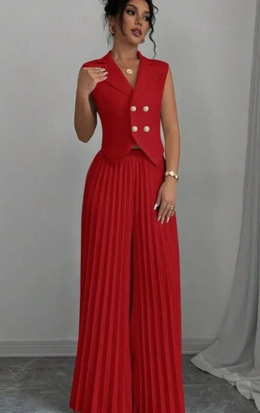 Double-Breasted Sleeveless Blazer with Pleated Wide Leg Trousers Set for Women - Orange Red