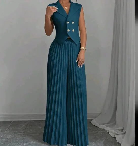 Double-Breasted Sleeveless Blazer with Pleated Wide Leg Trousers Set for Women - Dark Green