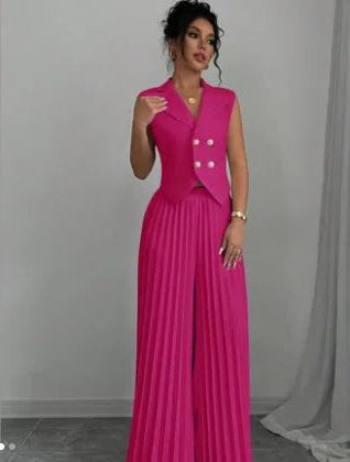 Double-Breasted Sleeveless Blazer with Pleated Wide Leg Trousers Set for Women - Rose Red