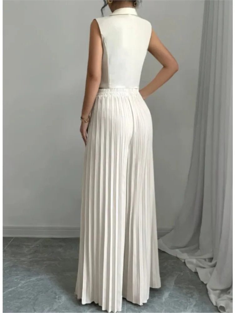 Double-Breasted Sleeveless Blazer with Pleated Wide Leg Trousers Set for Women - View 2