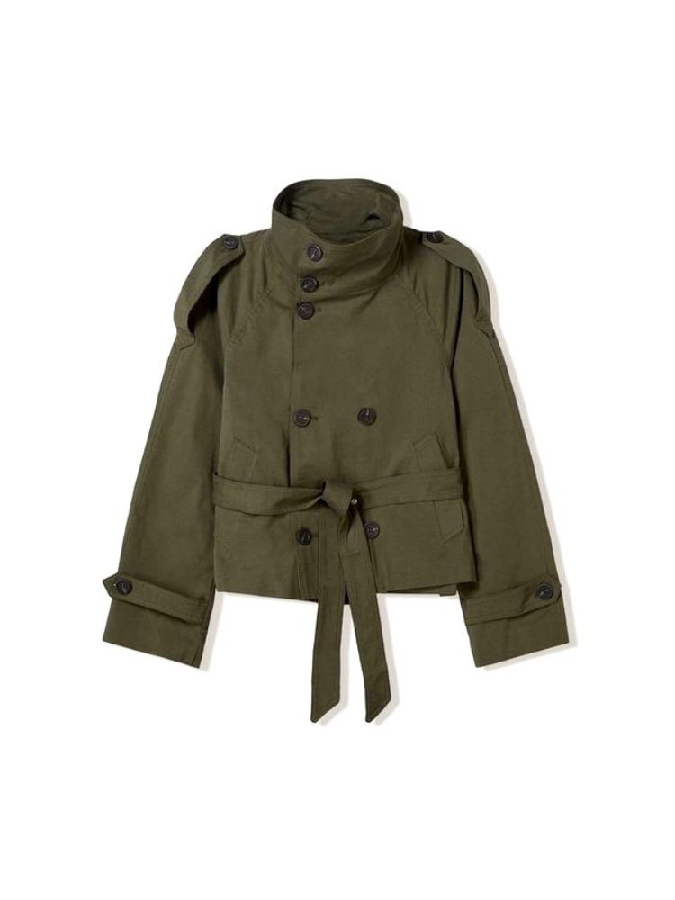 Double-Breasted Stand Collar Belted Jacket for Women - Olive Green