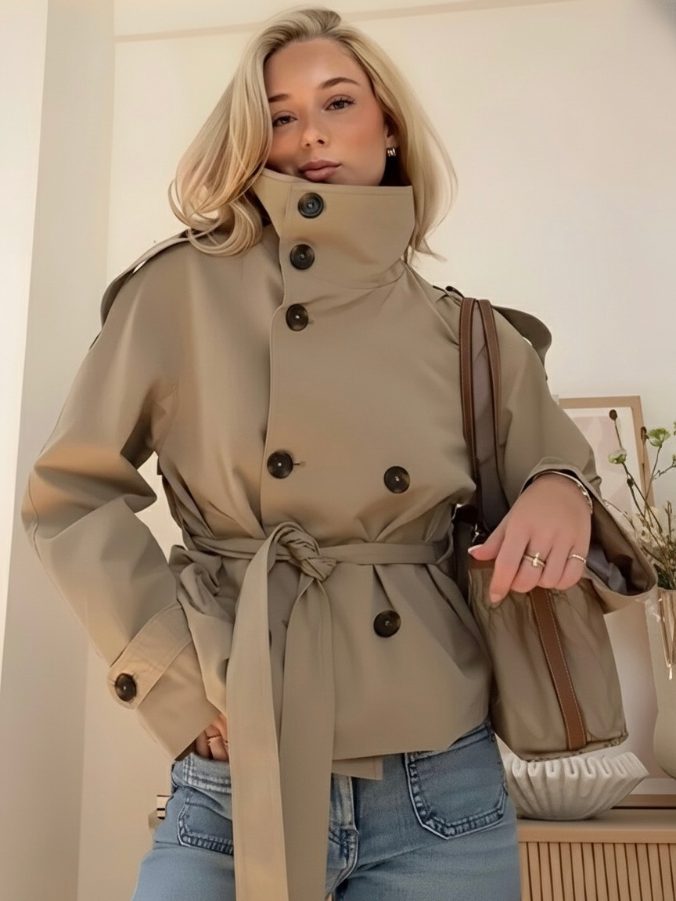 Double-Breasted Stand Collar Belted Jacket for Women - View 2