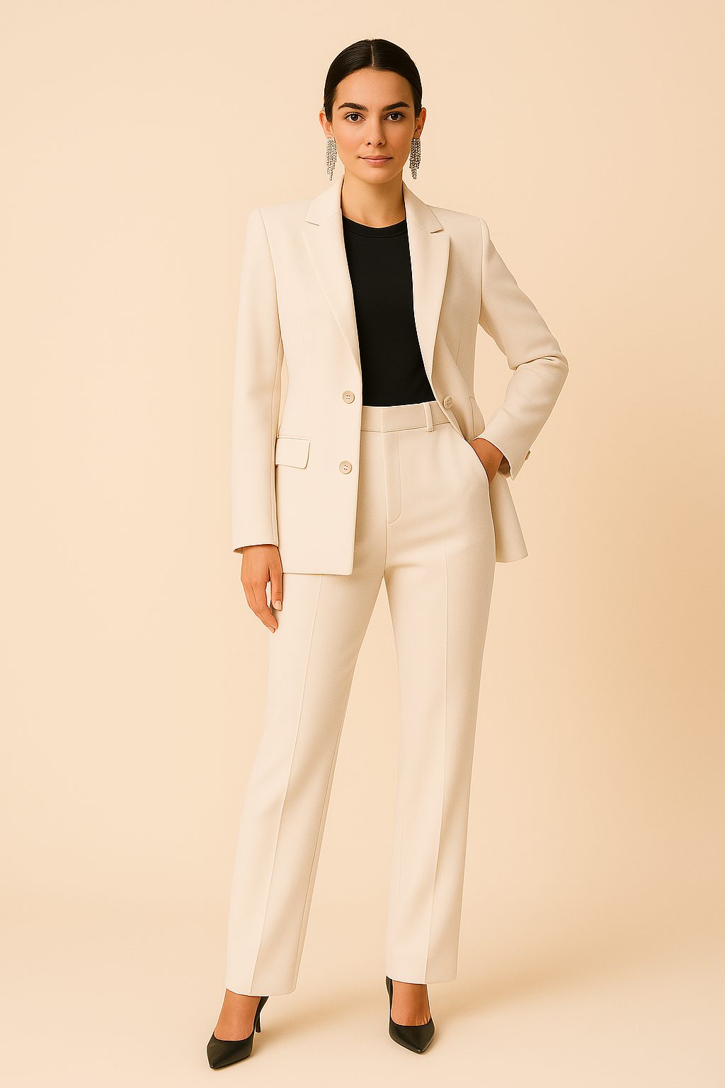 Double-Breasted Straight Leg Suit Set for Women - Beige