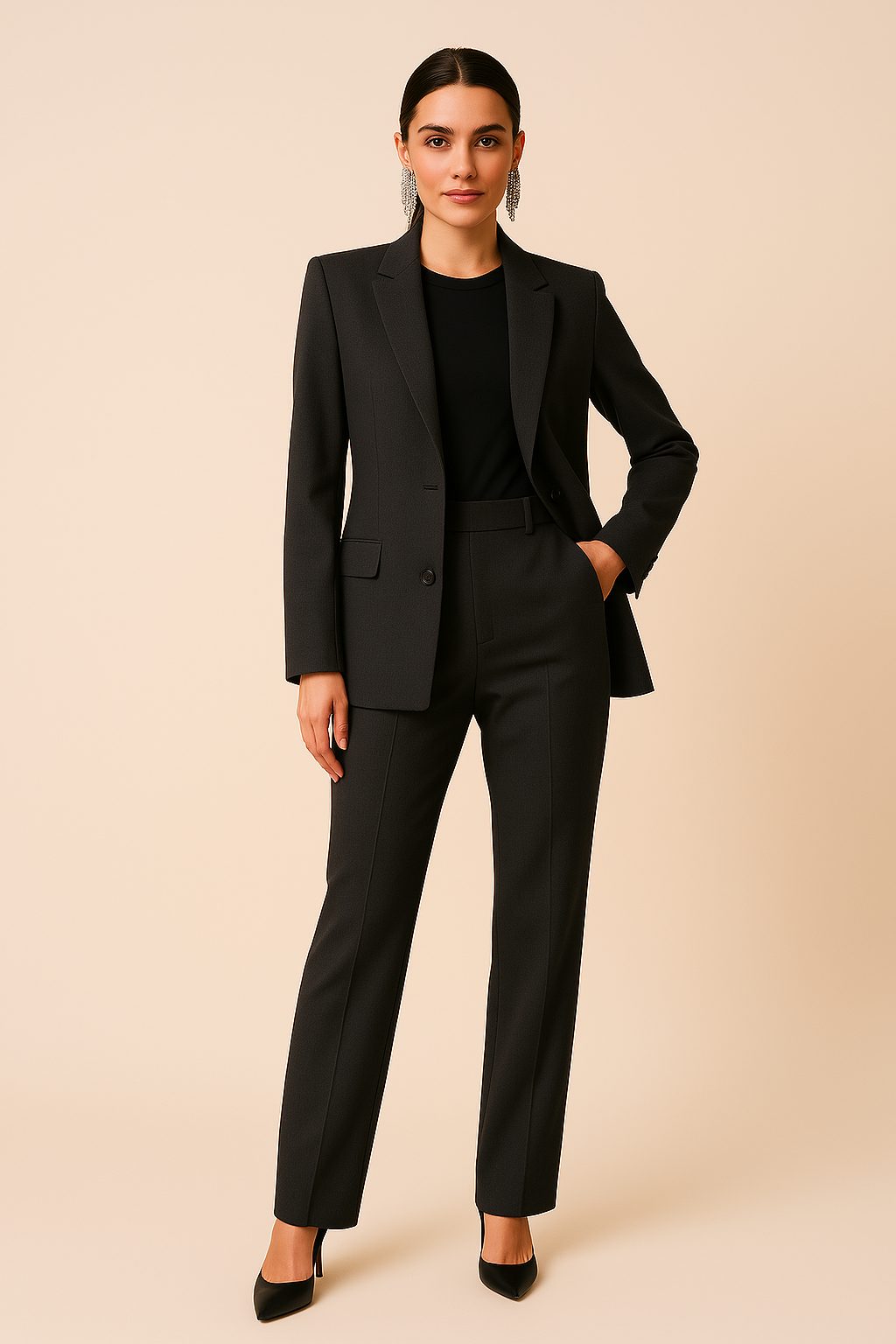 Double-Breasted Straight Leg Suit Set for Women - Black