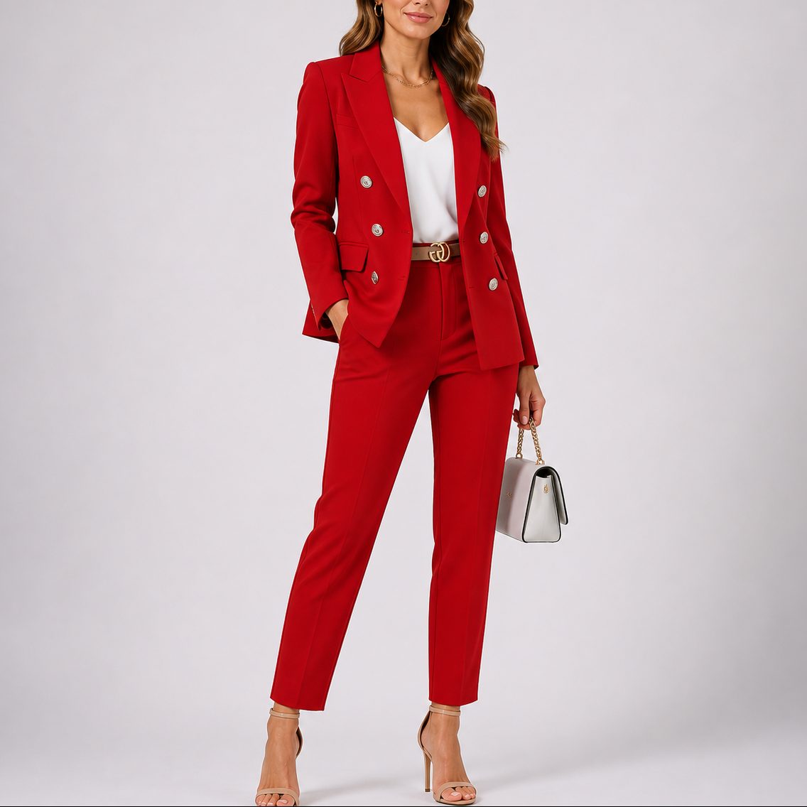 Double-Breasted Tailored Blazer and Ankle Length Trousers Set for Women - Red