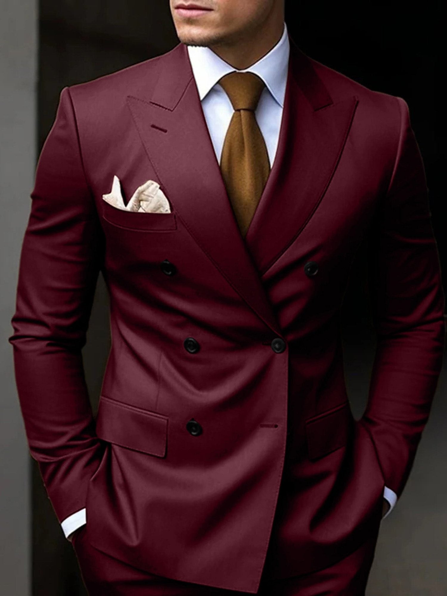 Double-Breasted Tailored Suit for Men - Burgundy