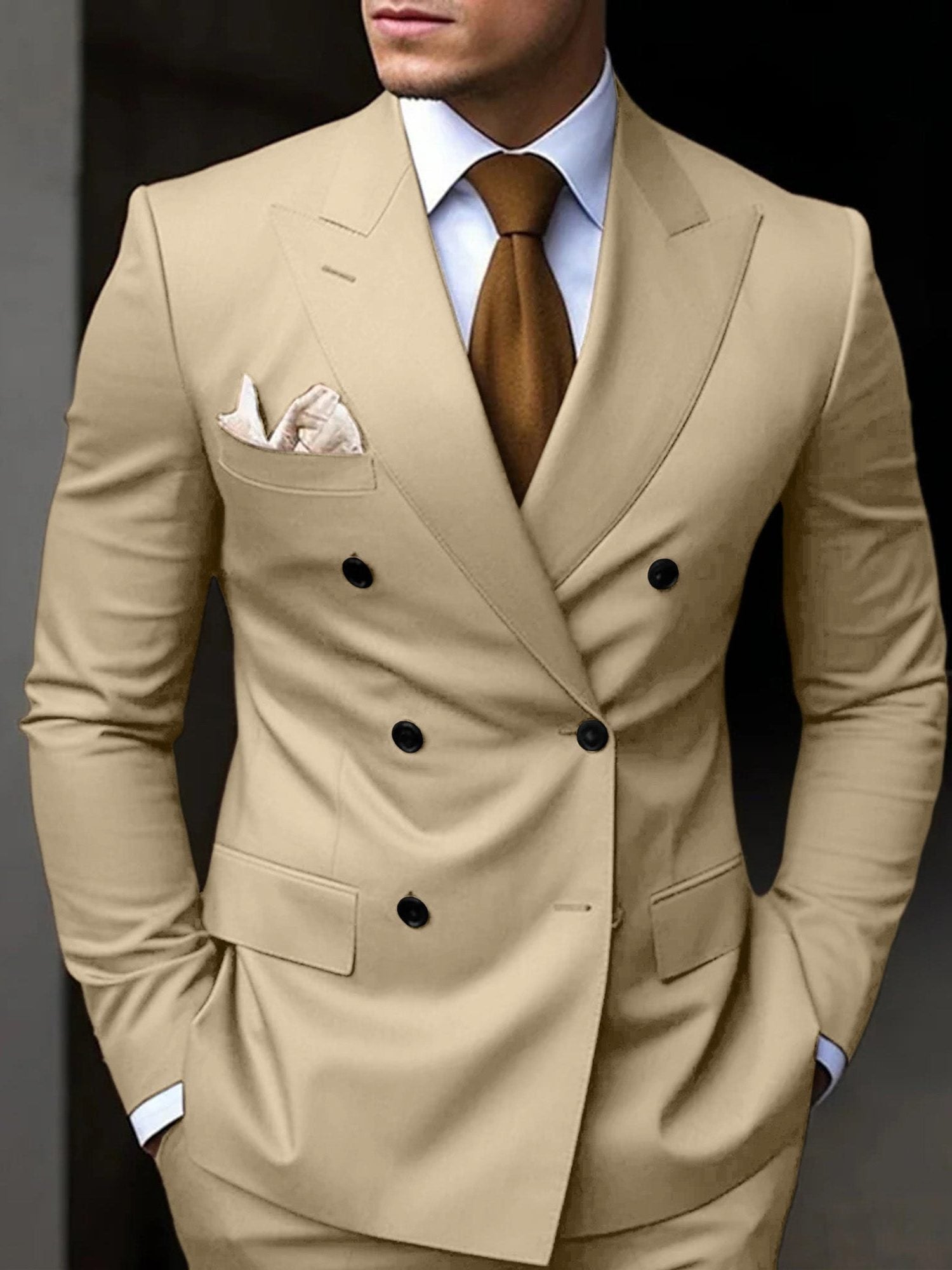 Double-Breasted Tailored Suit for Men - Champagne