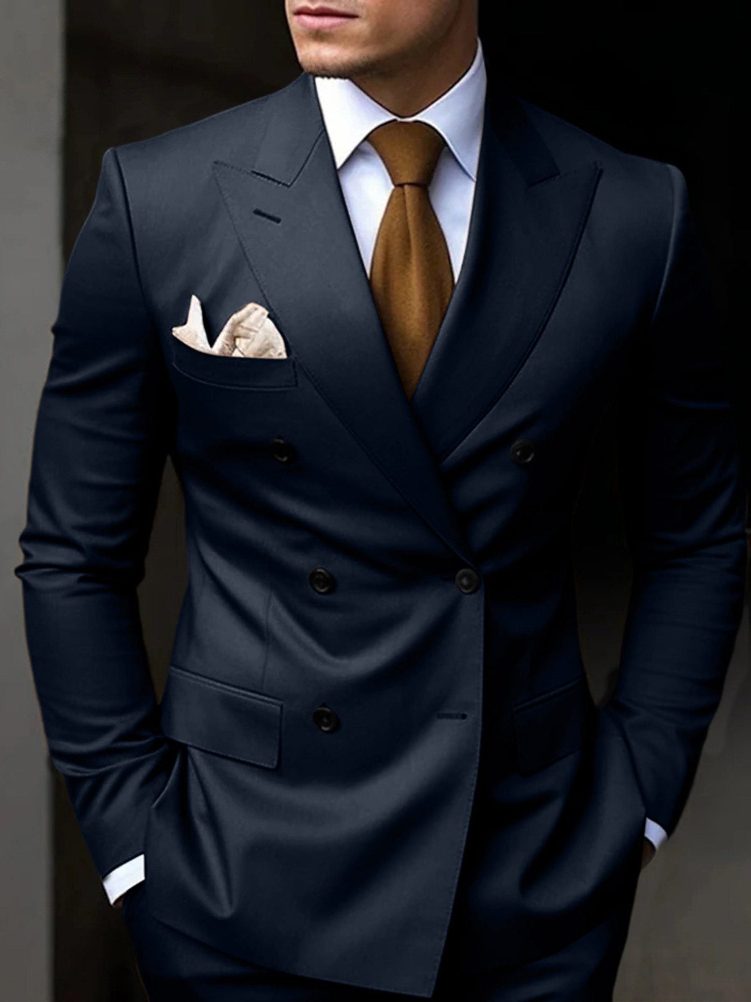 Double-Breasted Tailored Suit for Men - Dark Navy