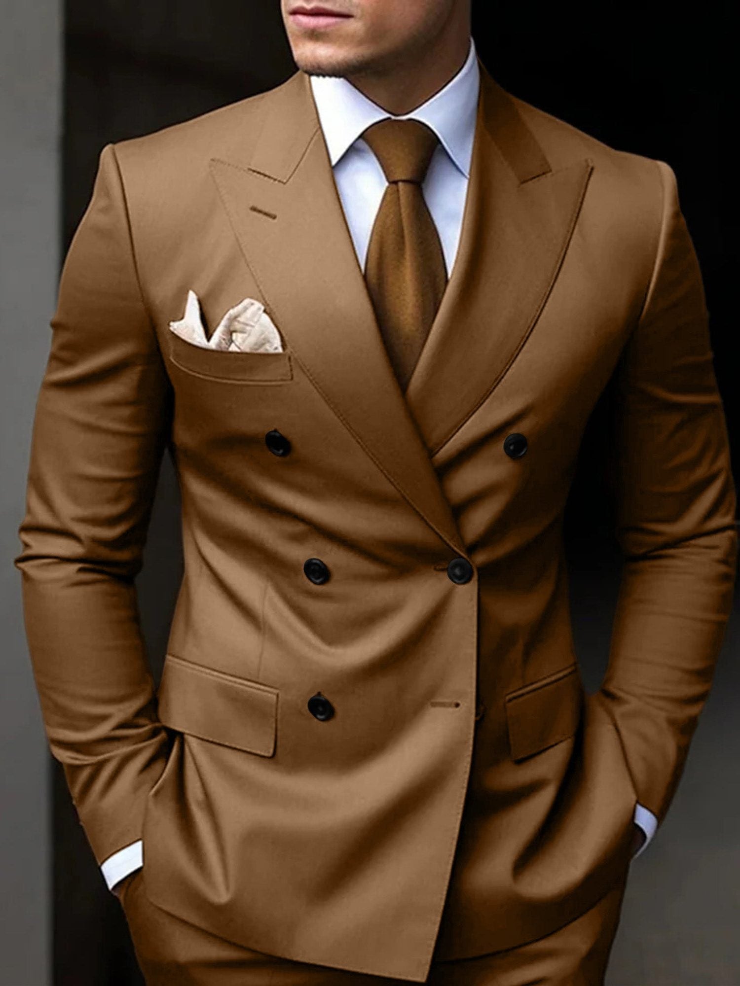 Double-Breasted Tailored Suit for Men - Khaki