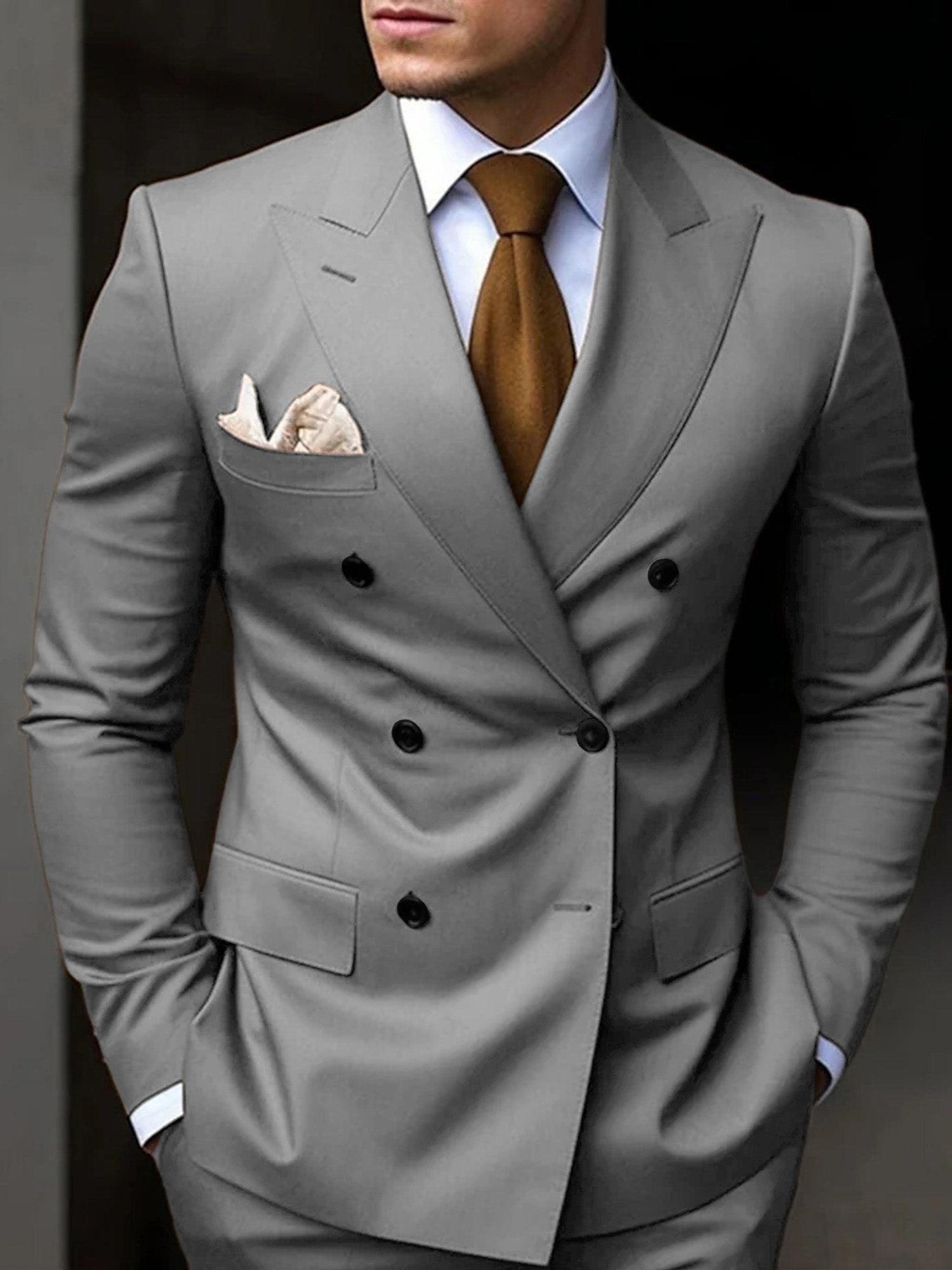 Double-Breasted Tailored Suit for Men - Light Grey