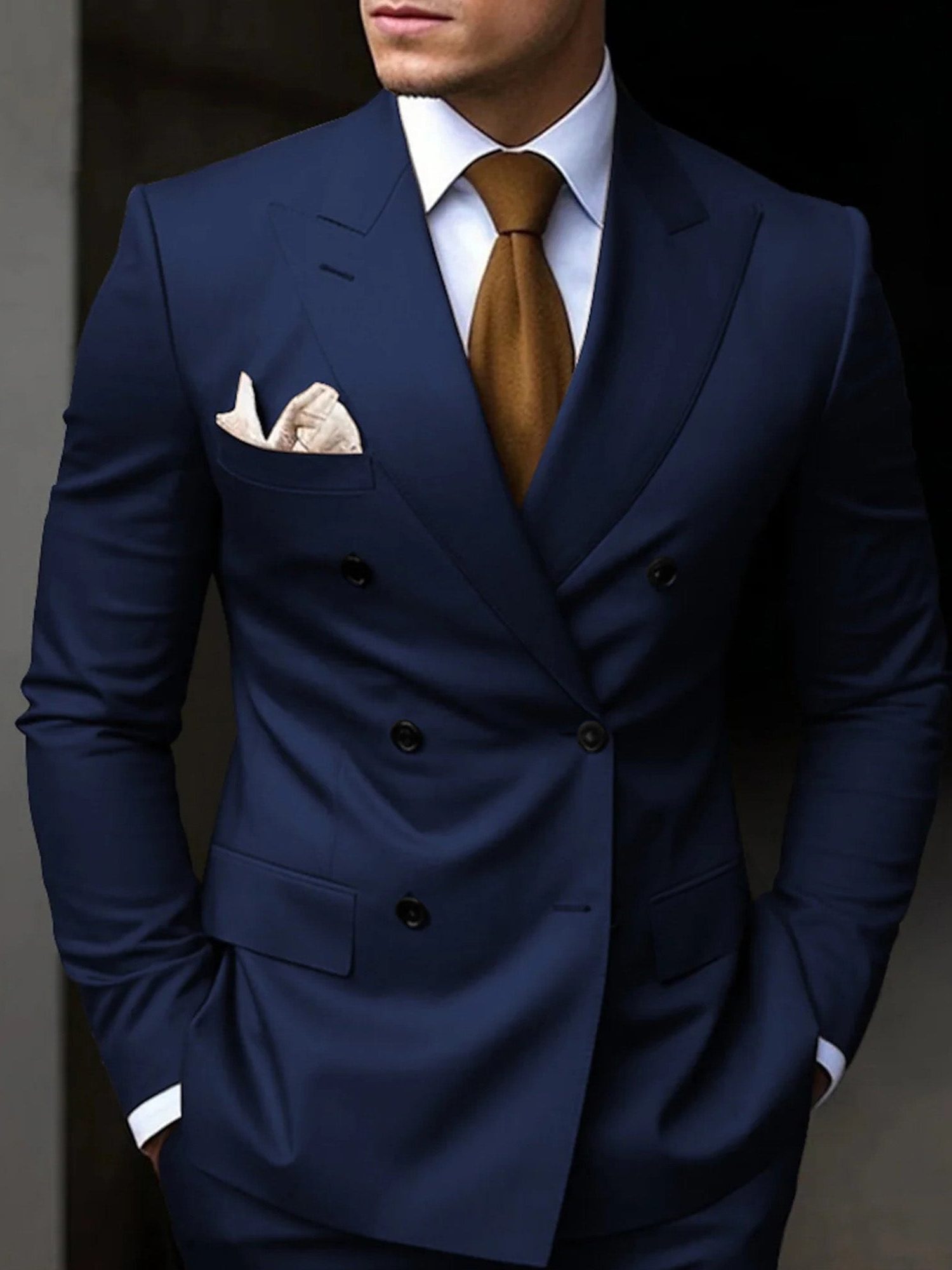 Double-Breasted Tailored Suit for Men - Navy Blue