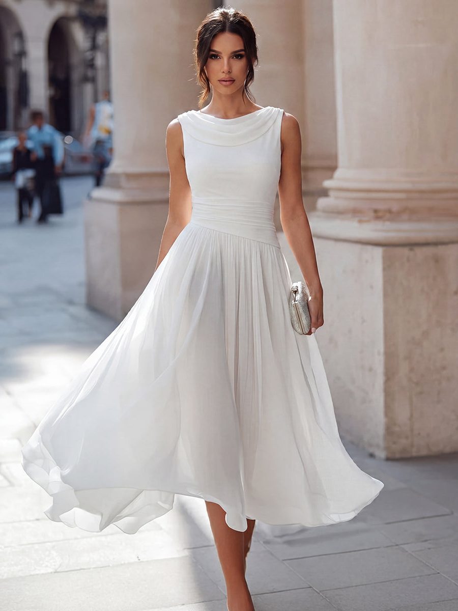 Draped Neck Sleeveless Pleated Wedding Guest Midi Dress for Women