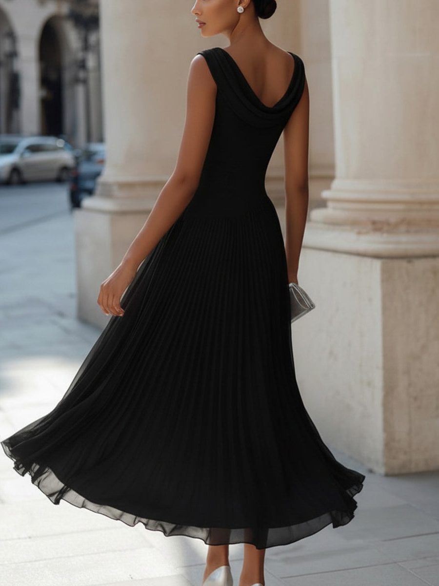 Draped Neck Sleeveless Pleated Wedding Guest Midi Dress for Women - View 10